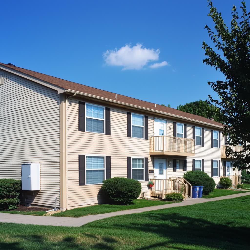 Exterior view of a two-story suburban apartment building with beige siding, black shutters, and small balconies, surrounded by well-maintained greenery and a clear blue sky.