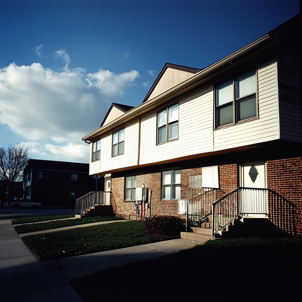 Exterior view of a suburban duplex townhouse with a brick and siding facade, located in a quiet residential neighborhood under a clear blue sky